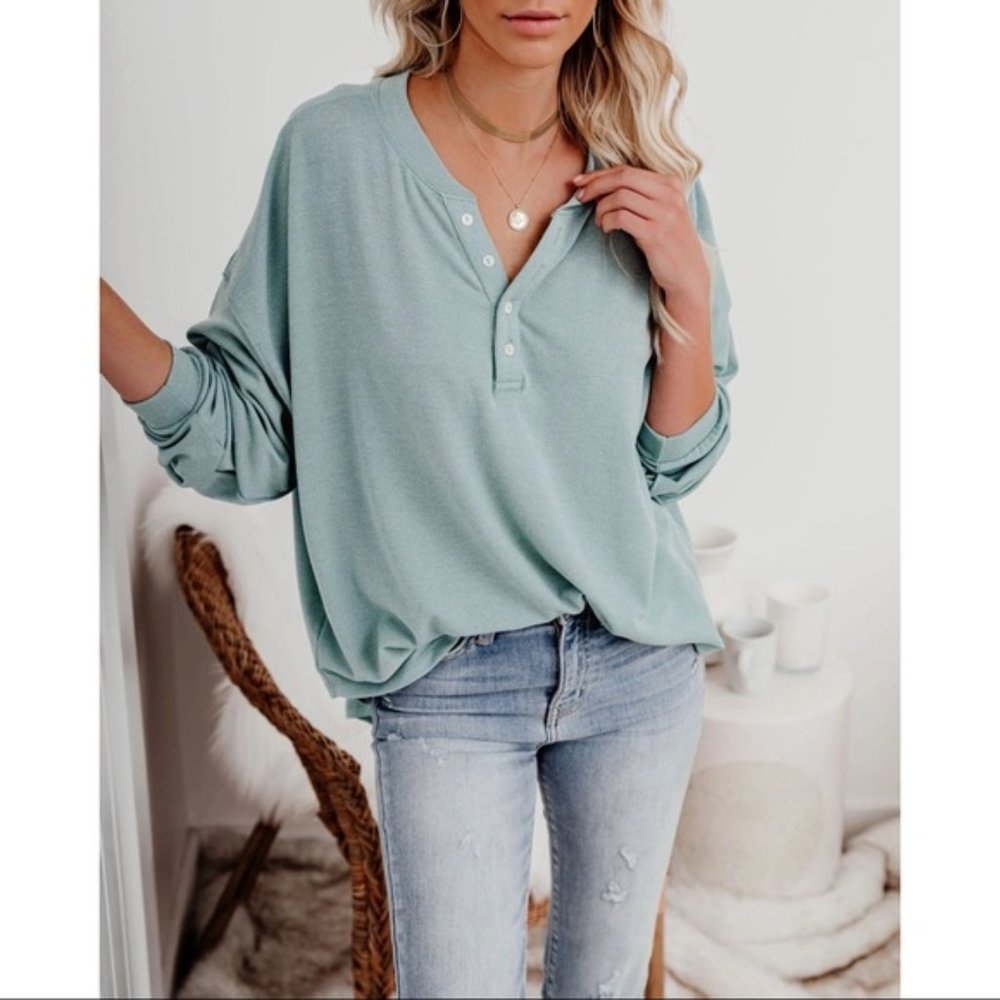 MAGGIE RELAXED KNIT HENLEY TOP SAGE - Picture 3 of 11
